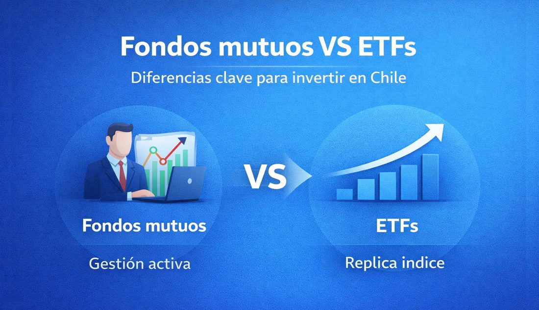 Comparación entre fondos mutuos y ETFs en Chile, mostrando gestión activa versus réplica de índice